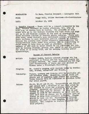 Memorandum to Massachusetts Freedom Movement (Lexington Unit) from Peggy Hall and Arline Morrisen about Benefit Concert for the Roxbury Students Bus Fund on December 13th