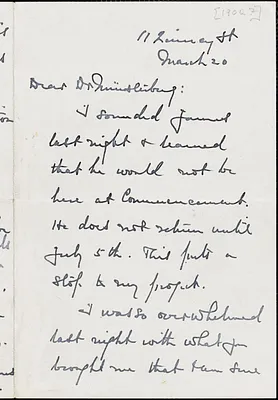 Palmer, George Herbert, 1842-1933 autograph letter signed to Hugo Münsterberg, Cambridge, Mass., 20 March 1902?