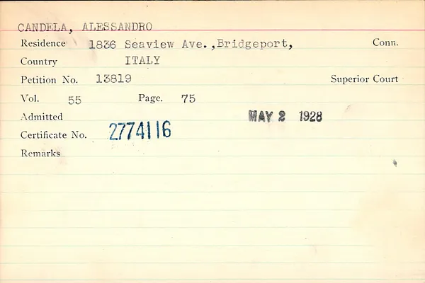 Fairfield County Superior Court and Fairfield County Court of Common Pleas, Index to Records of Naturalization, 1839-1955, Candela-Carrigan