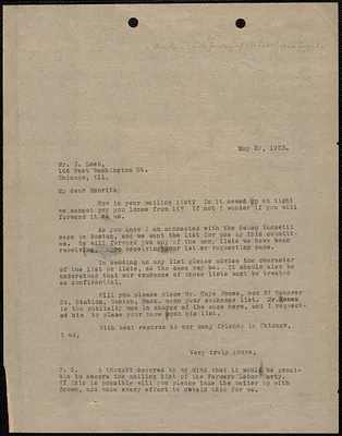 Sacco-Vanzetti Defense Committee typed letter (copy) to J. Moritz Loeb, Boston, Mass., May 29, 1923