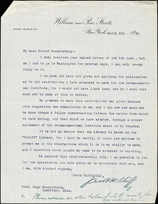 Schiff, Jacob Henry, 1847-1920 typed letter signed to Hugo Münsterberg, New York, 08 April 1910
