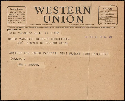 William Montgomery Brown telegram to Sacco-Vanzetti Defense Committee, Galion, Ohio, August 11, 1927