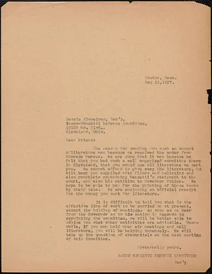 Sacco-Vanzetti Defense Committee typed note (copy) to Bessie Kimmelman (Sacco-Vanzetti Defense Committee, Cleveland), Boston, Mass., May 21, 1927