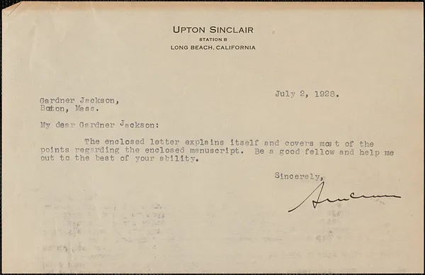 Upton Sinclair autograph note signed to Gardner Jackson, Long Beach, Calif., July 2, 1928
