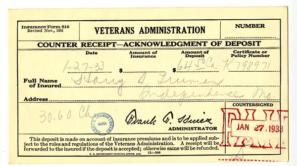 Insurance Premium Receipt for Harry S. Truman, United States Veterans Administration