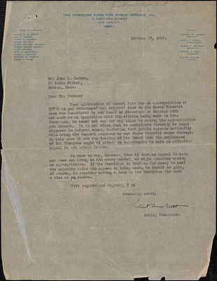 Robert Morss Lovett (The American Fund for Public Service) typed letter signed to John S. Codman, New York, N. Y., October 27, 1923