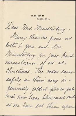 Eliot, Grace (Hopkinson) autograph letter signed to Selma (Oppler) Münsterberg, Cambridge, Mass., 29 December 1895