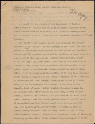 Citizens National Committee for Sacco and Vanzetti press release (copy), Boston, Mass., August 19, [1927]