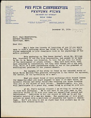 Drum, Joseph C., fl. 1916 typed letter signed to Hugo Münsterberg, New York, 12 December 1916
