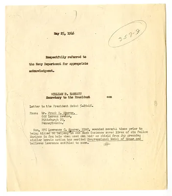 Referral Memorandum from William D. Hassett to the Department of the Navy