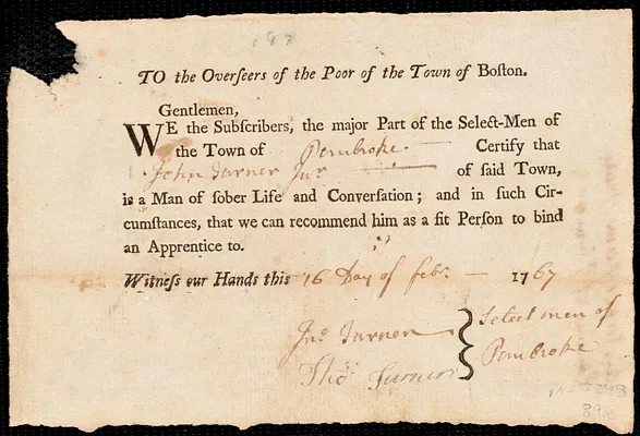 Mary Hicks indentured to apprentice with John Turner, Jr. of Pembroke, 18 February 1767