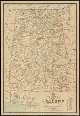 Post route map of the state of Alabama showing post offices with the intermediate distances on mail routes in operation on the 1st of December, 1903