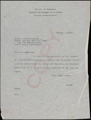 Letter from Robert B. Worthington, Clerk of Courts (Norfolk County) to Walter F. Frederick, Clerk of Courts (Supreme Judicial Court)