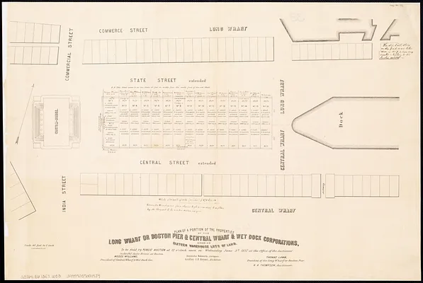 Plan of a portion of the properties of the Long Wharf or Boston Pier & Central Wharf & Wet Dock Corporatins, showing sixteen warehouse lots of land