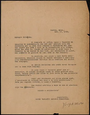 Joseph Moro (Sacco-Vanzetti Defense Committee) typed letter signed, in Italian, to Leonardo Frisina (International Advertising Exchange), Boston, Mass., October 17, 1925