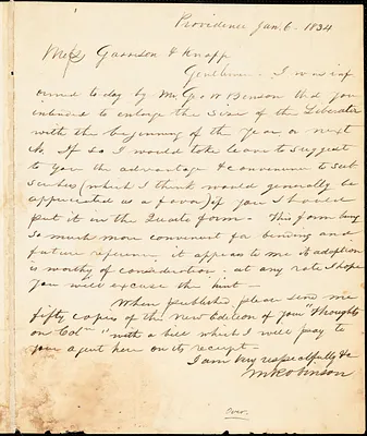 Letter from Martin Robinson and Henry Egbert Benson, Providence, [Rhode Island], to William Lloyd Garrison and Isaac Knapp, 1834 Jan[uary] 6