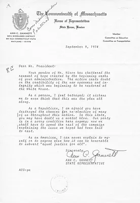 Letter from Ann C. Gannett to President Gerald R. Ford Regarding the Pardon of Former President Richard Nixon