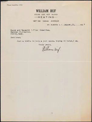 William Ruf typed note signed to Sacco-Vanzetti Defense Committee, St. Albans, N.Y., August 11, 1927