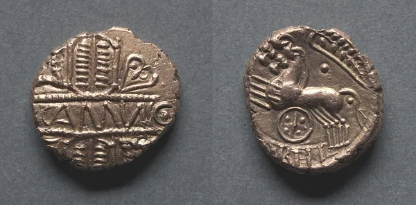 Cunobeline Stater: Tablet on Wreath (reverse); Two Horses and Wheel (reverse)