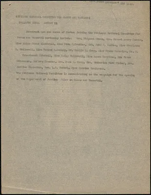 Citizens National Committee for Sacco and Vanzetti press release (copy), [Boston, Mass.], August 21, [1927]