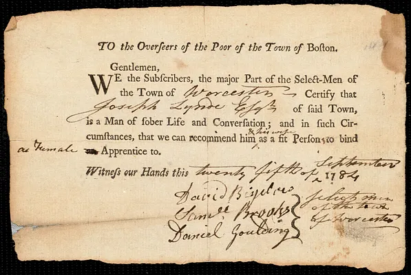 Rebecca Hinds indentured to apprentice with Joseph Lynde of Worcester, 6 October 1784