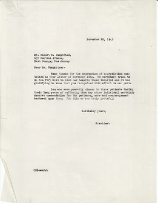 Letters Sent to Dr. Robert E. Humphries, November 20, 1946