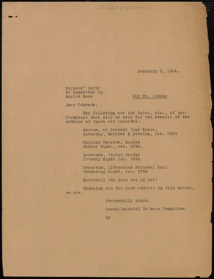 Sacco-Vanzetti Defense Committee typed letter (copy) to William Simons (Workers' Party), Boston, Mass., February 2, 1924