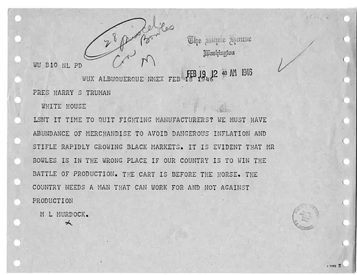 Telegram from M. L. Murdock to President Harry S. Truman