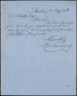 R. M. Owings, Hamburg, autograph letter signed to Ziba B. Oakes, 10 January 1857