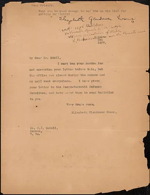 Elizabeth Glendower Evans typed note (copy) to J. J. Oneill, [Brookline, Mass.], October 5, 1927