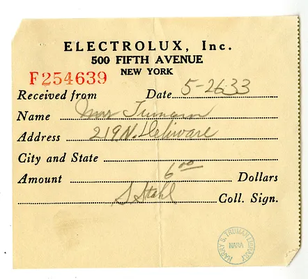 Receipt from Electrolux, Inc.