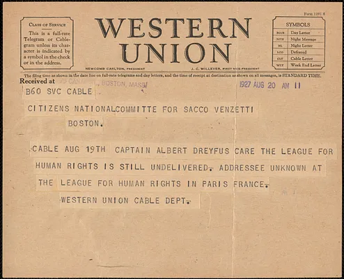 Western Union Cable Department telegram to Sacco-Vanzetti Defense Committee, Boston, Mass., August 20, 1927