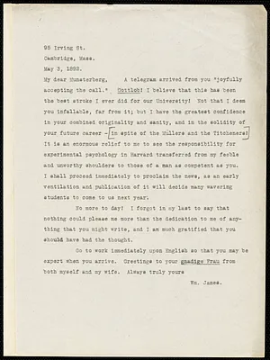 James, William, 1842-1910 typed letter signed to Hugo Münsterberg, Cambridge, Mass., 3 May 1892