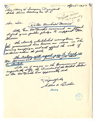 Letter from Wilbur Butler to President Harry S. Truman