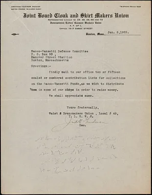 Judith Friedman (Joint Board Cloak and Skirt Makers Union) typed letter signed to Sacco-Vanzetti Defense Committee, Boston, Mass., January 5, 1925