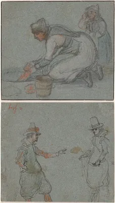 A Woman Doing Laundry in an Ice Hole (recto); Two Gentlemen (verso)