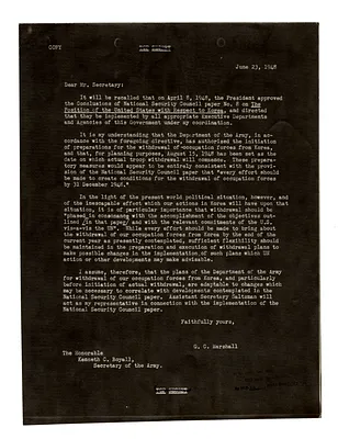 Letter from Secretary of State George Marshall to Secretary of the Army Kenneth Royall