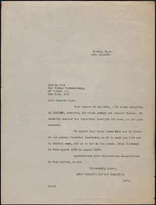 Joseph Moro (Sacco-Vanzetti Defense Committee) typed letter (copy) to Ludwig Lore, Boston, Mass., October 19, 1927