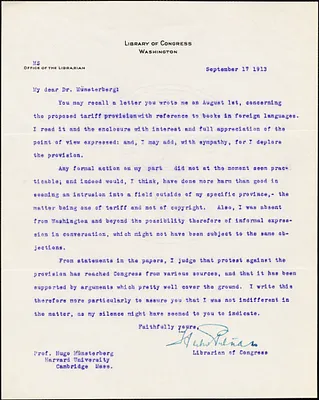 Putnam, Herbert, 1861-1955 typed letter signed to Hugo Münsterberg, Washington, 17 September 1913