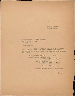 Sacco-Vanzetti Defense Committee typed note (copy) to International Labor Defense, Boston, Mass., May 31, 1927