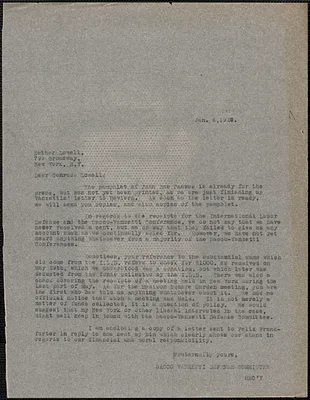 Sacco-Vanzetti Defense Committee typed letter (copy) to Esther Lowell, Boston, Mass., January 4, 1927