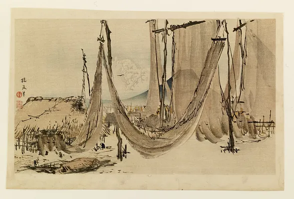 Fishnets drying before Mt. Fuji
