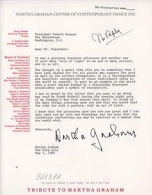 Letter from Martha Graham to President Ronald Reagan thanking him for being one of the first recipients of the US National Medal of Arts, 05/02/1985