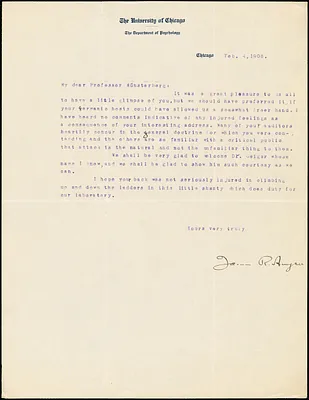 Angell, James Rowland, 1869-1949 typed letter signed to Hugo Münsterberg, Chicago, 04 February 1908