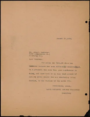 Sacco-Vanzetti Defense Committee typed note (copy) to Albert Wechsler (Sacco-Vanzetti Conference, Chicago), Boston, Mass., August 16, 1926