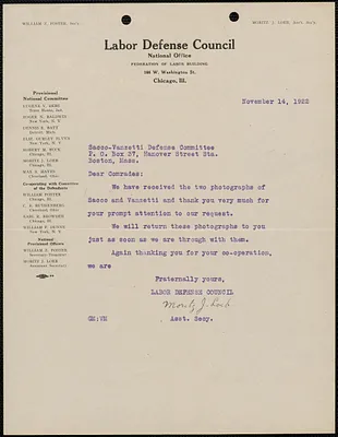 Moritz J. Loeb (Labor Defense Council) typed letter signed to Sacco-Vanzetti Defense Committee, Chicago. Ill., November 14, 1922