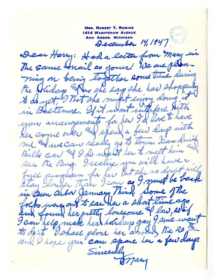 Letter from Mary Romine to Harry S. Truman