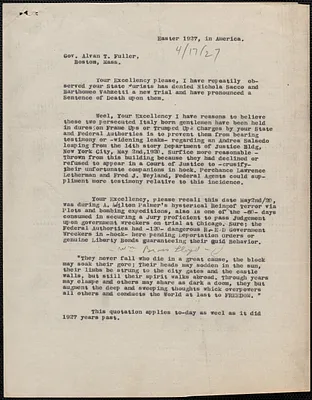 Typed letter (copy) to Alvan T. Fuller, April 17, 1927
