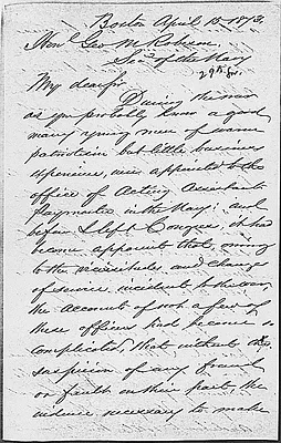 Alexander Rice Letter to George Robeson April 15, 1873