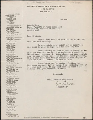 Sailendra Ghose (Indian Freedom Foundation) typed letter signed to Joseph Moro, New York, N.Y., February 4, 1927